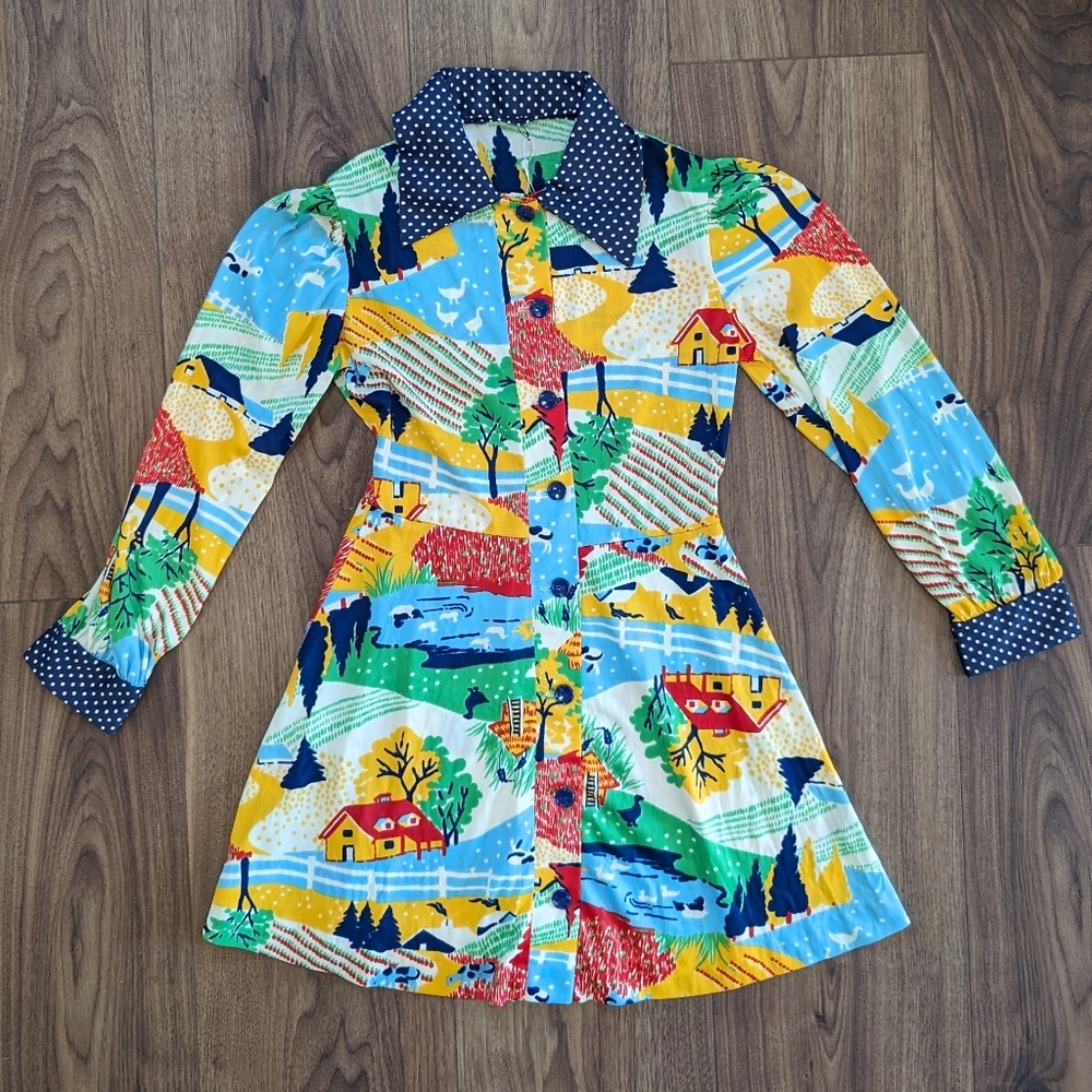 Vintage 60s 70s novelty print nylon farm print tunic top mini dress
